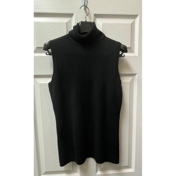 Women's Black Sleeveless Cashmere Blend Turtleneck Ribbed Hem & Turtleneck (Med) - Picture 2 of 8